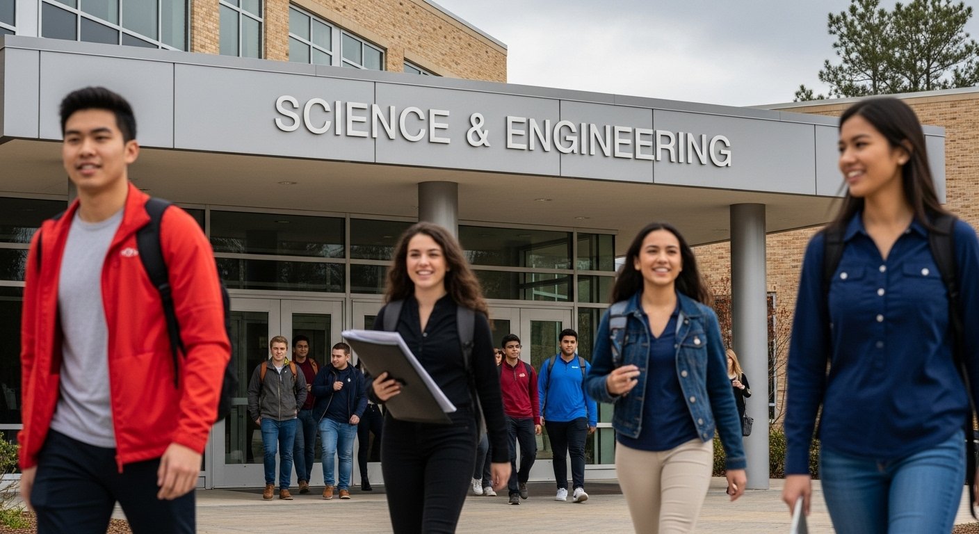 tudents animatedly leaving a lecture hall from a modern university building clearly labeled 'Science & Engineering'. The students, dressed in smart casual attire, are walking with purpose, some in conversation, suggesting the end of a class.
