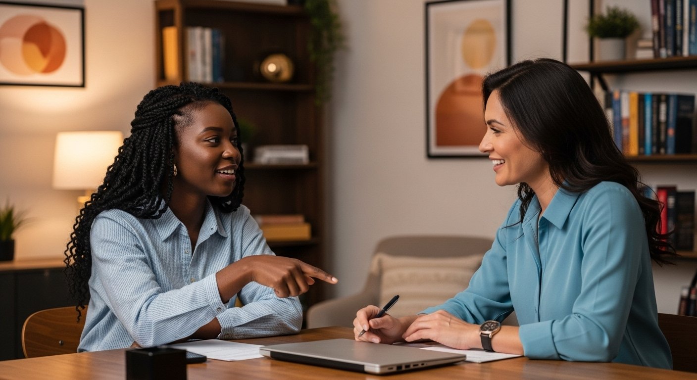 an African American female student confidently discussing her academic plan with a supportive, university advisor.