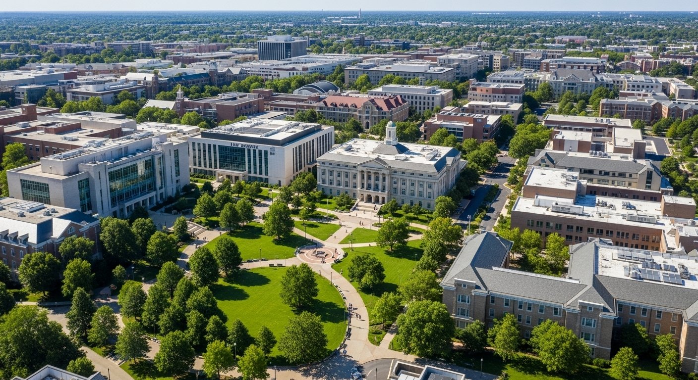 Expansive University Faculties - Ultra-Wide Aerial View