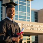a confident individual wearing a full graduation cap and gown. They are standing proudly in front of a modern university department building. Soft, natural lighting.
