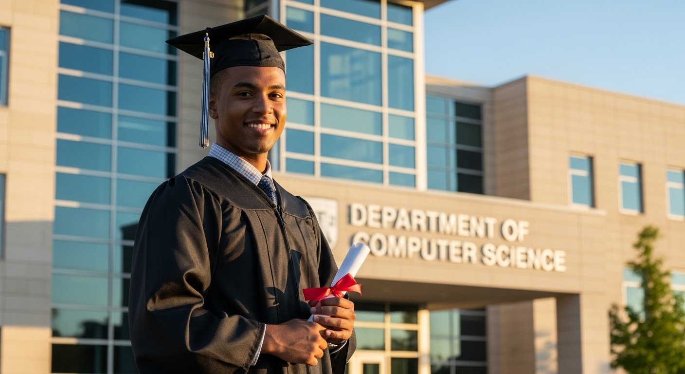 a confident individual wearing a full graduation cap and gown. They are standing proudly in front of a modern university department building. Soft, natural lighting.