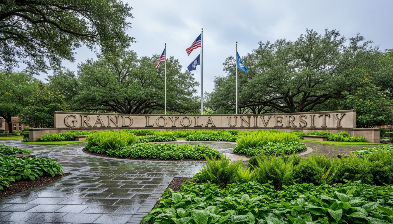 Grand Loyola University campus plaza. A paved walkway leads to a circular plaza with neatly arranged, lush green plants. In the background, prominent, large letters spell 'Grand Loyola University,' flanked by mature trees and tall, gently swaying flagpoles. Overcast sky, soft, even lighting. Calm and inviting atmosphere