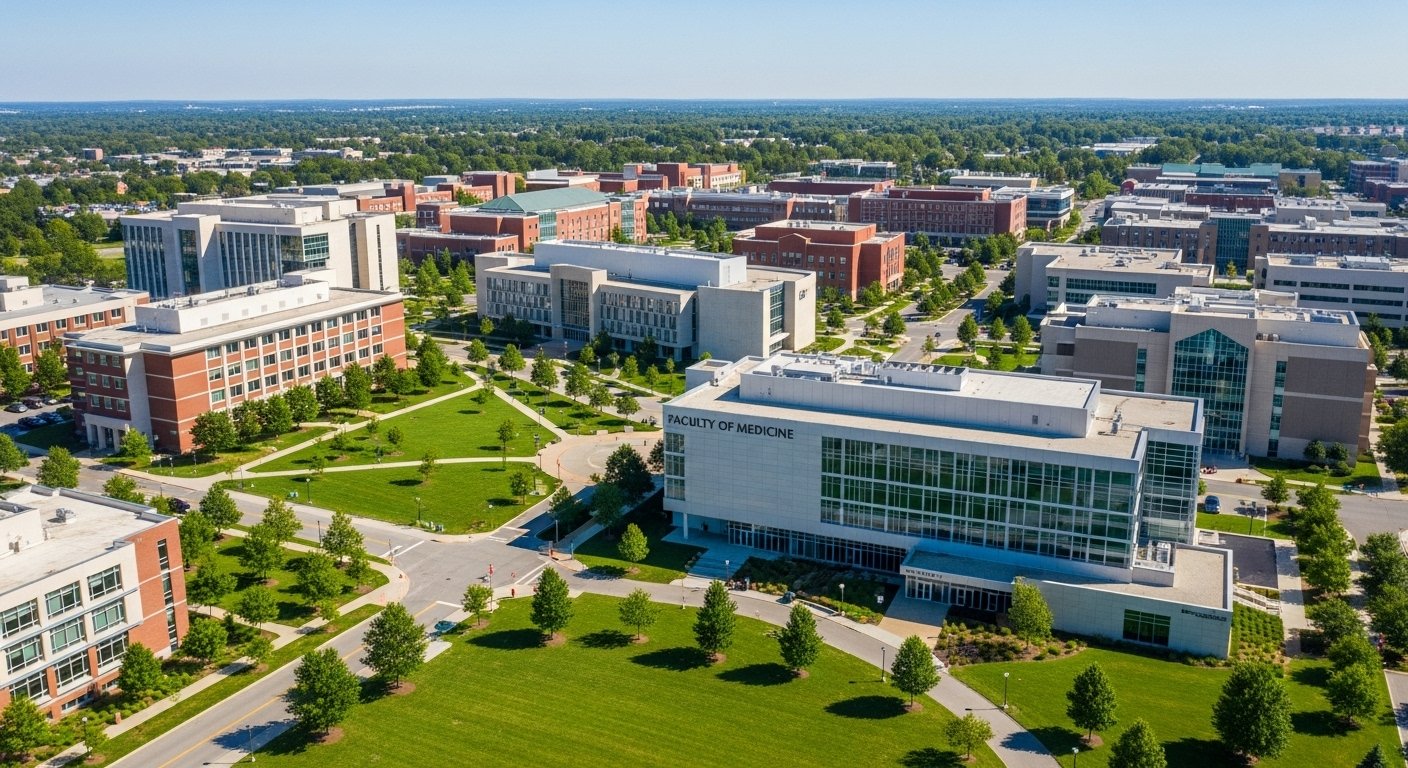 aerial wide-angle shot of a vibrant section of a university campus.