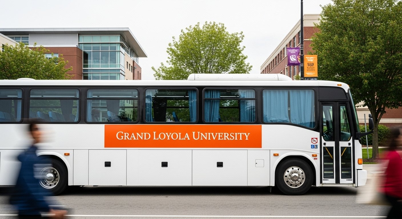 white university bus prominently parked at the side of a modern campus street. The bus features large, clear windows with subtle blue curtains inside. A distinctive orange banner runs along its side, clearly displaying 'Grand Loyola University'