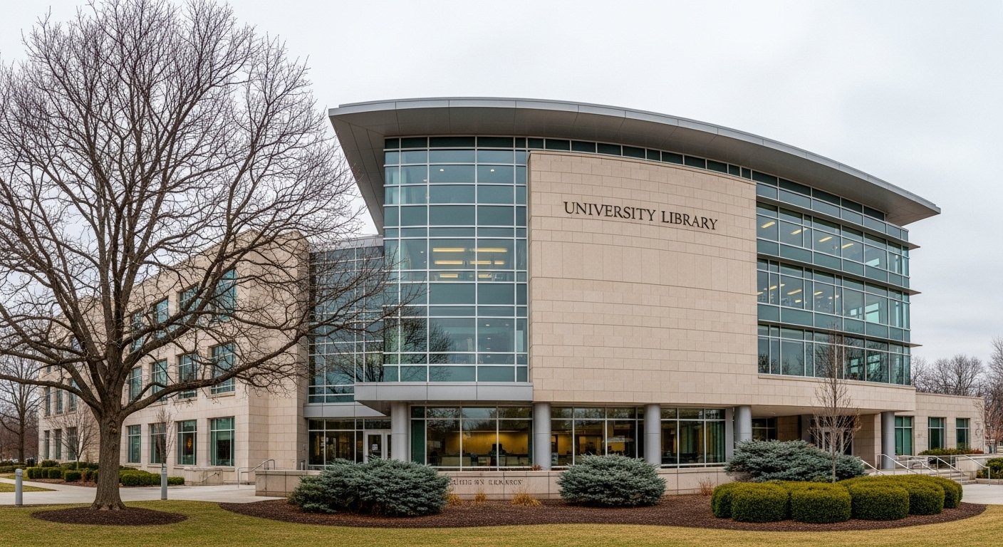 Hyper-realistic, wide-angle shot of a modern Grand Loyola University library building.